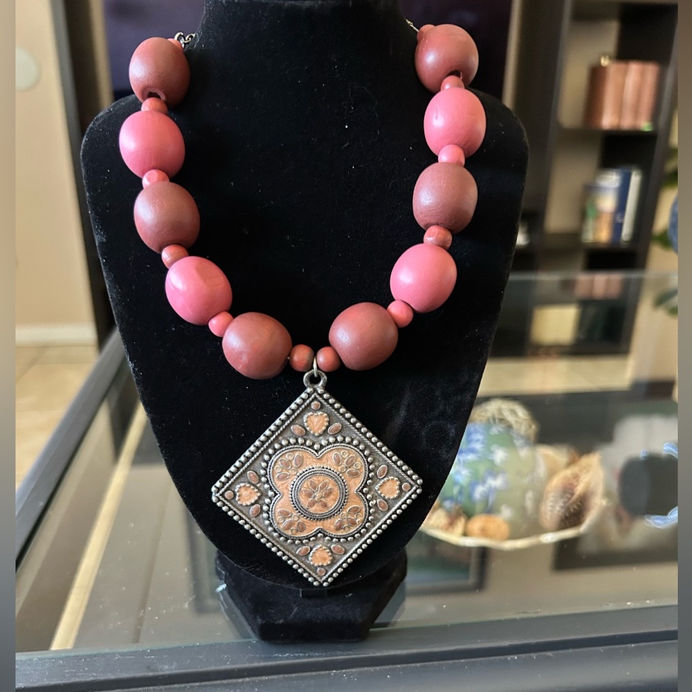 Pink and Brown Beaded Necklace with Square Pendant